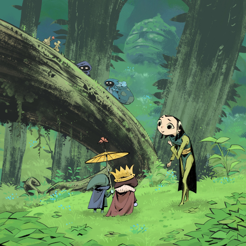 1boy, 1other, cape, crown, day, fantasy, forest, full_body
