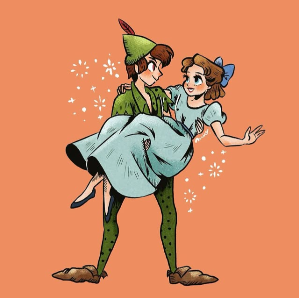 1boy, 1girl, bow, brown_hair, carrying, crescent, dress, green_tunic