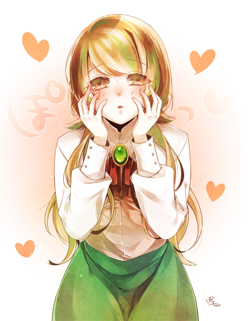 1girl, absurdres, arm_up, blush, brown_eyes, brown_hair, collared_shirt, cowboy_shot