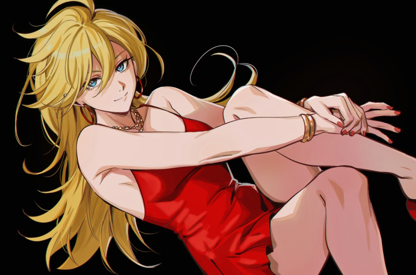 black_background, blonde_hair, blue_eyes, breasts, commentary, dress, earrings, english_commentary, hoop_earrings, jewelry, long_hair, looking_at_viewer, mixed-language_commentary, mywaffuru, necklace, panty_&amp;_stocking_with_garterbelt, panty_(psg), red_dress, red_nails, russian_commentary, simple_background, smile