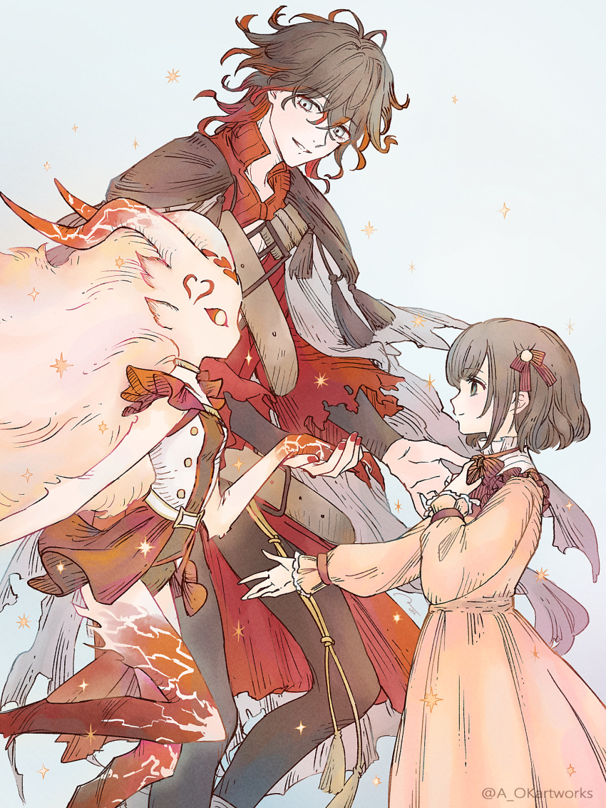 1boy, 2girls, aopix_001, black_hair, black_pants, brown_hair, dante_alighieri_(fate), dante_alighieri_(second_ascension)_(fate)