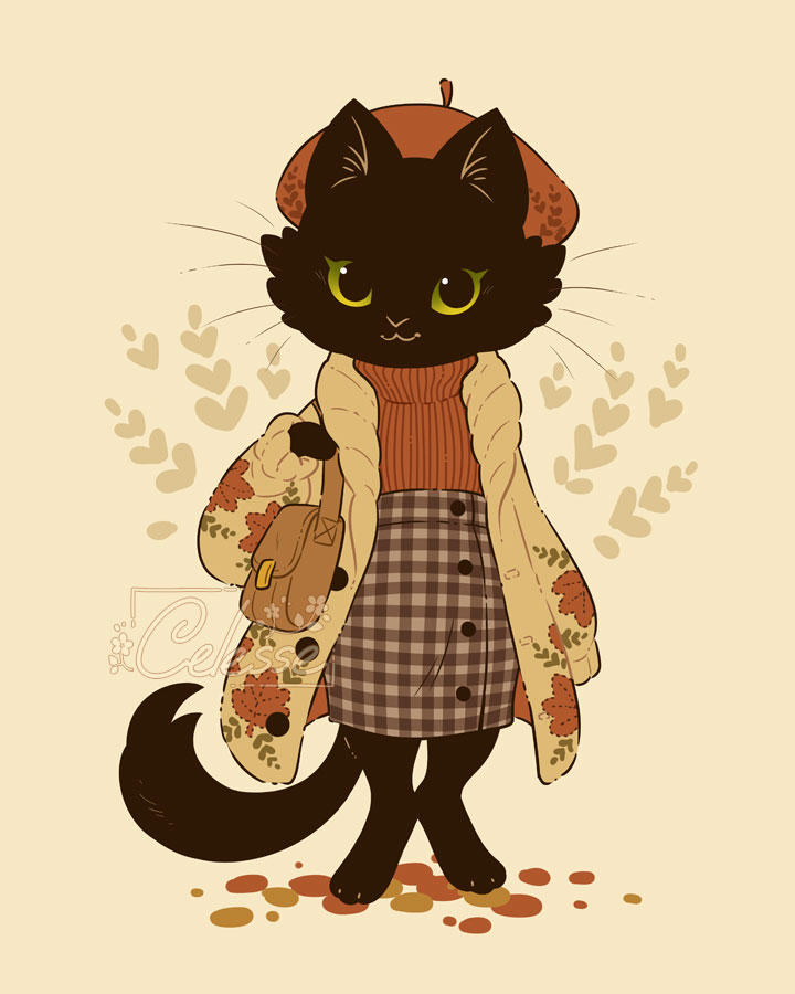 1girl, :3, animal_ears, animal_feet, animal_hands, autumn, bag, beret