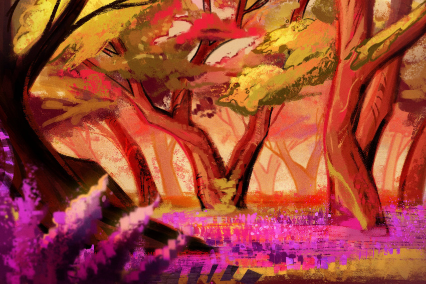 autumn, autumn_leaves, blurry, commentary, day, evening, field, flower, flower_field, forest, grass, highres, landscape, leaf, lilac, nature, no_humans, o_pomb, original, outdoors, plant, purple_flower, scenery, sunlight, sunset, symbol-only_commentary, tree, triadic_colors