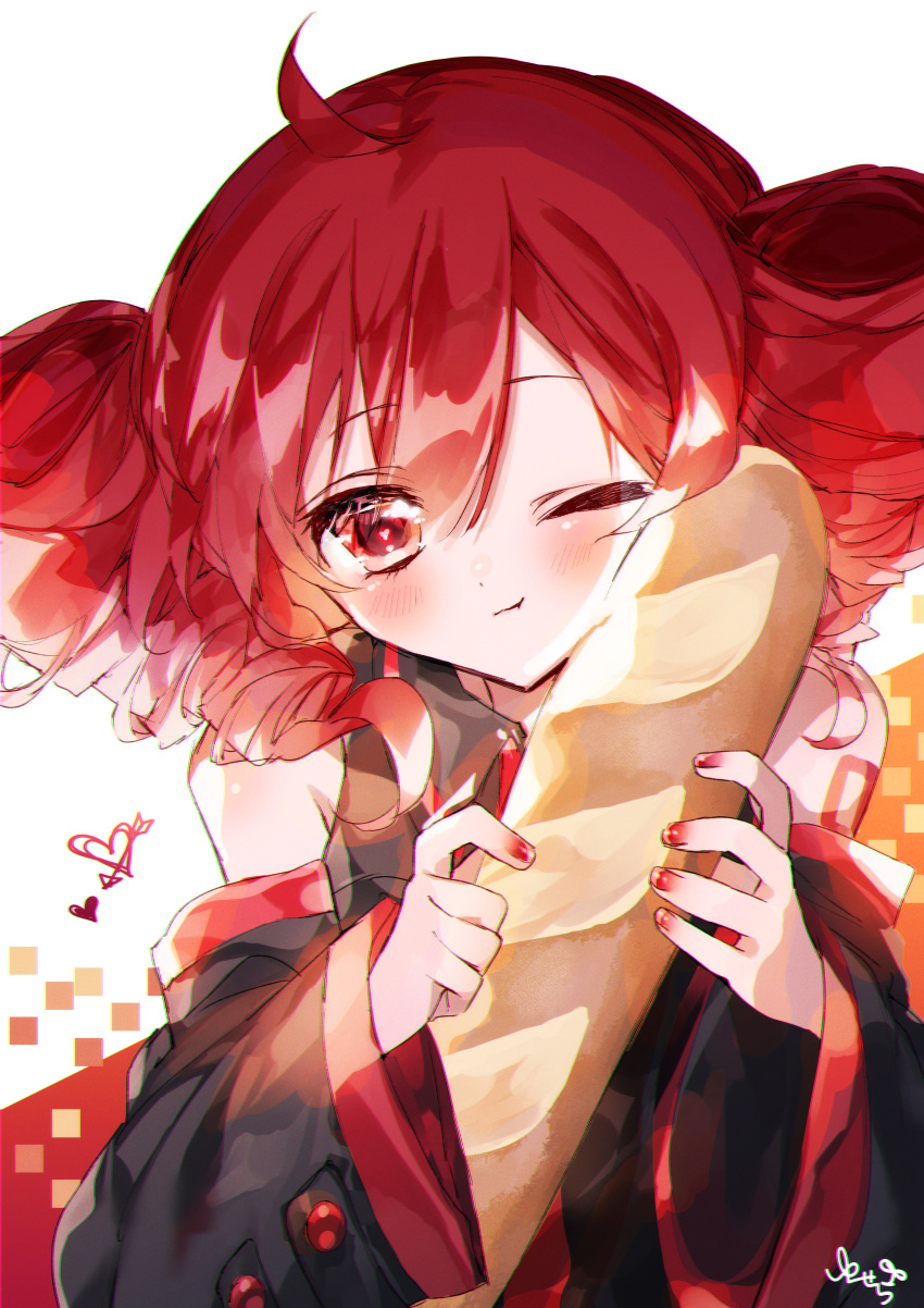 1girl, absurdres, baguette, bread, closed_mouth, detached_sleeves, drill_hair, food