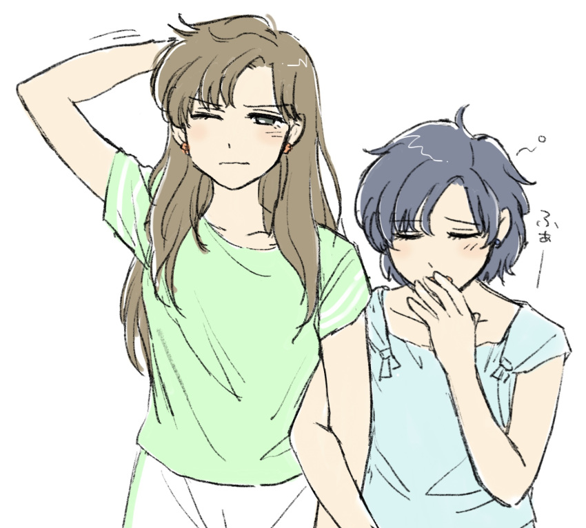 2girls, bishoujo_senshi_sailor_moon, blue_hair, blush, brown_hair, closed_eyes, highres, kino_makoto