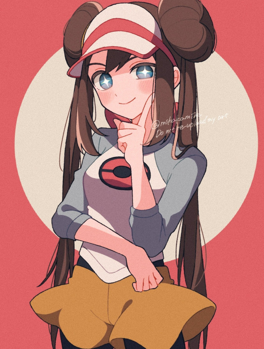 +_+, 1girl, black_pantyhose, blue_eyes, blush, breasts, brown_hair, closed_mouth, cowboy_shot, double_bun, hair_between_eyes, hair_bun, hand_up, hat, highres, long_hair, long_sleeves, looking_at_viewer, medium_breasts, mikakami1e, pantyhose, pink_background, pokemon, pokemon_bw2, raglan_sleeves, rosa_(pokemon), shirt, shorts, sidelocks, signature, simple_background, smile, solo, standing, twintails, very_long_hair, visor_cap, white_shirt, yellow_shorts