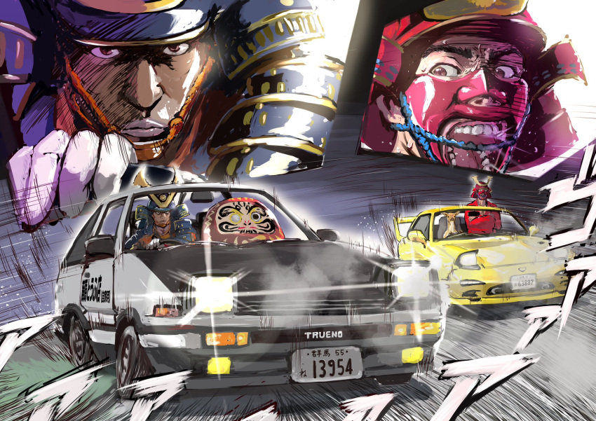 2boys, arachangram18, armor, car, drifting, fujiwara_takumi's_toyota_trueno_ae86, highres, initial_d