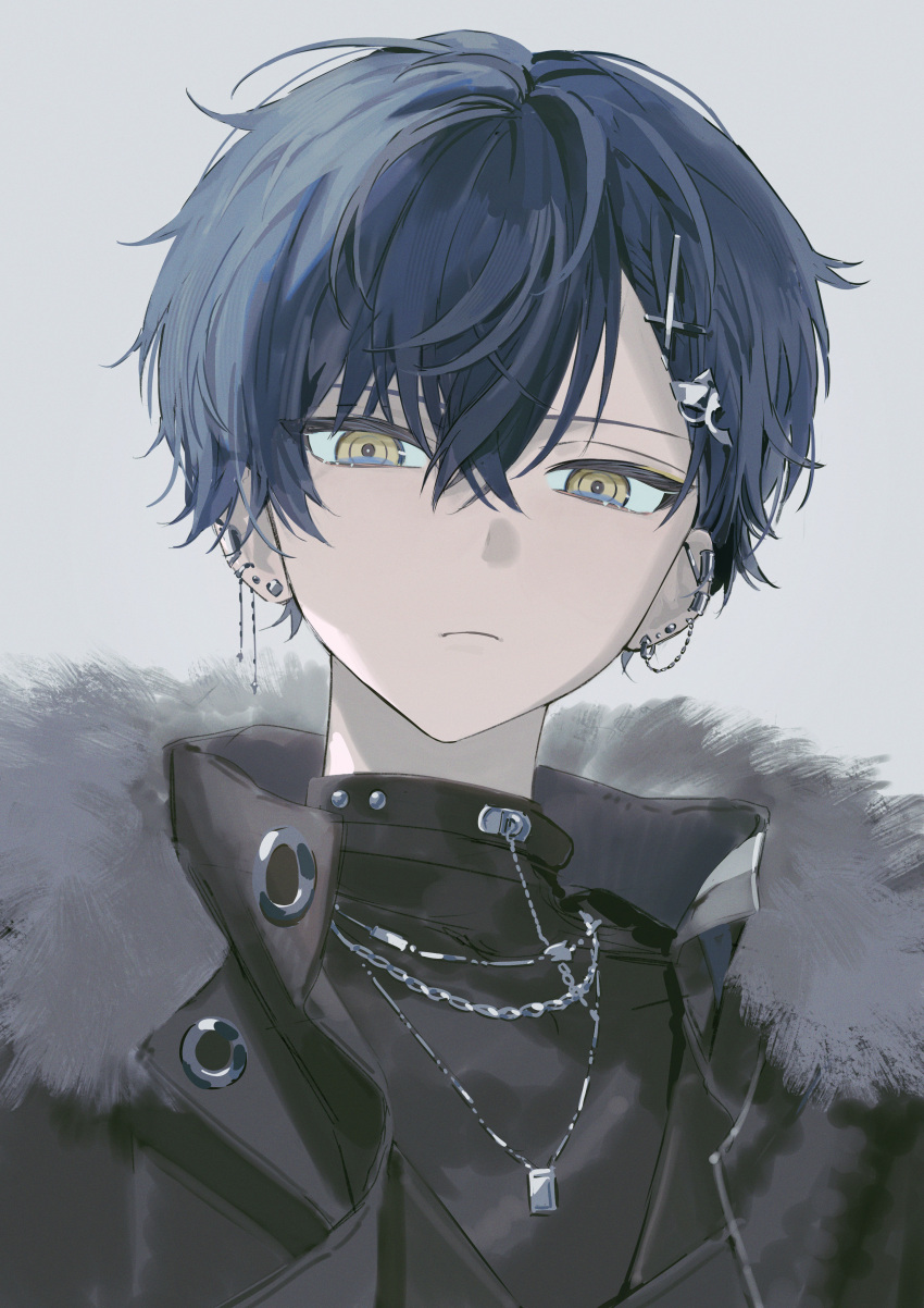 1boy, absurdres, black_jacket, black_shirt, blue_eyes, blue_hair, commentary_request, earrings