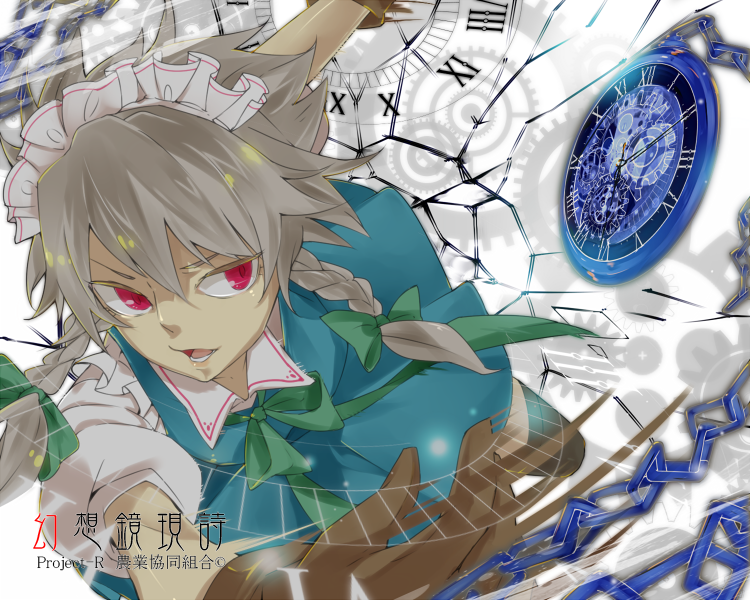 1girl, braid, chain, clock, gears, gloves, izayoi_sakuya, maid_headdress