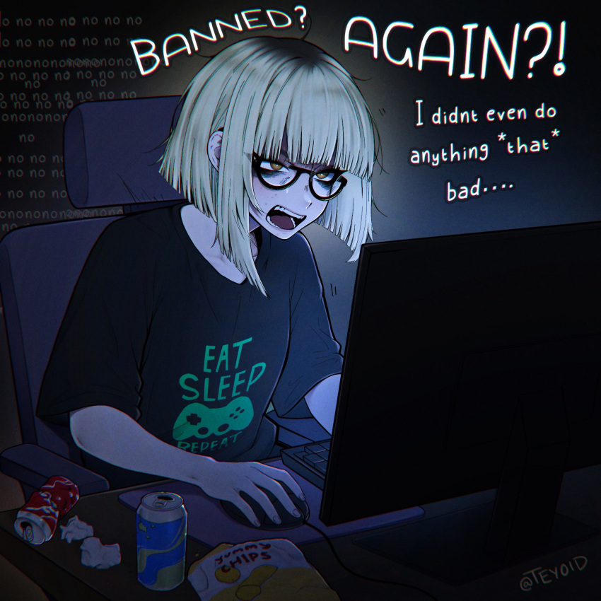 1girl, bags_under_eyes, black_shirt, blonde_hair, blunt_bangs, can, chair, chips_(food)