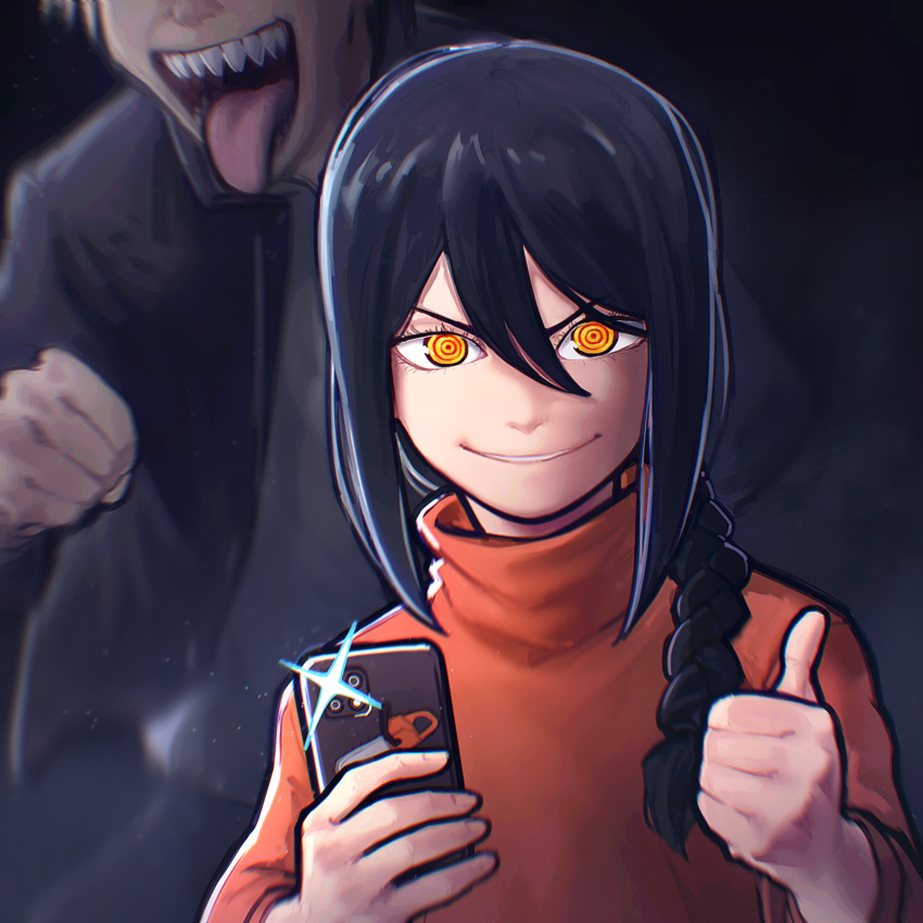 1boy, 1girl, absurdres, black_hair, black_jacket, braid, cellphone, chainsaw_man
