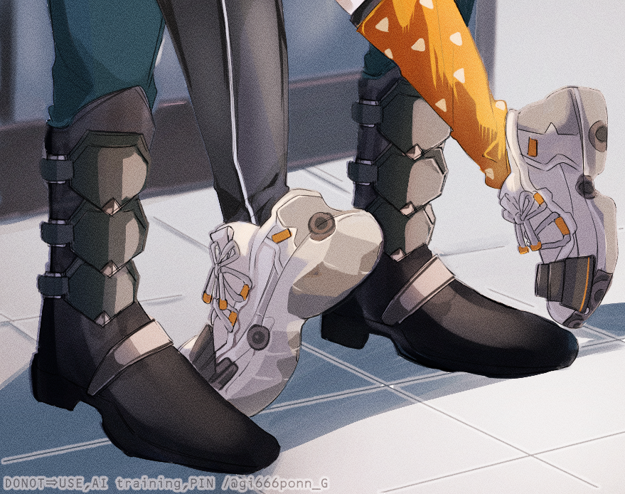 1boy, 1girl, artist_name, belle_(zenless_zone_zero), black_boots, black_thighhighs, boots, commentary_request