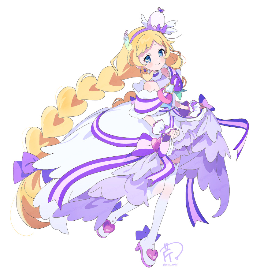 1girl, absurdly_long_hair, blonde_hair, blue_eyes, blue_ribbon, boots, bow, braid