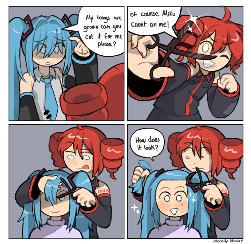 2girls, ahoge, alternate_eye_color, blue_hair, blue_necktie, closed_mouth, collared_shirt, cutting_hair