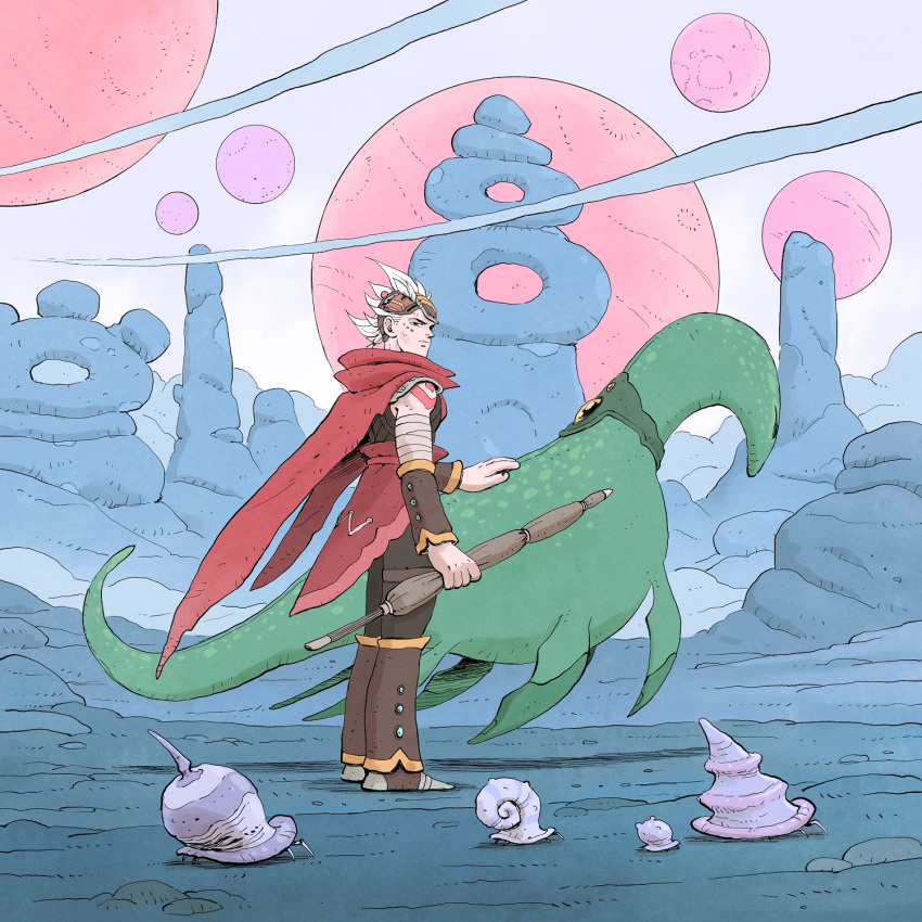 1boy, bandaged_arm, bandages, cape, creature, fantasy, floating, from_side