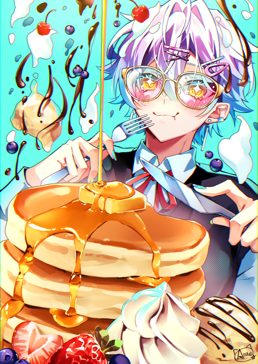 1boy, absurdres, aose_(_aose242), blueberry, blush, butter, chocolate_syrup, closed_mouth, collared_shirt, eating, english_commentary, food, food-themed_background, food_focus, food_on_head, fork, fruit, glasses, hair_between_eyes, hair_ornament, hairclip, highres, holding, holding_fork, honey, ice_cream, long_sleeves, looking_at_viewer, multicolored_hair, object_on_head, original, pancake, pancake_stack, ribbon, shirt, sparkling_eyes, strawberry, strawberry_slice, upper_body, whipped_cream, white_hair, x_hair_ornament, yellow_eyes