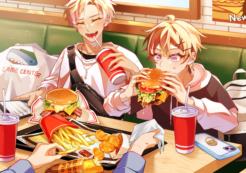 1other, 2boys, absurdres, aose_(_aose242), bag, black_shirt, blonde_hair, booth_seating