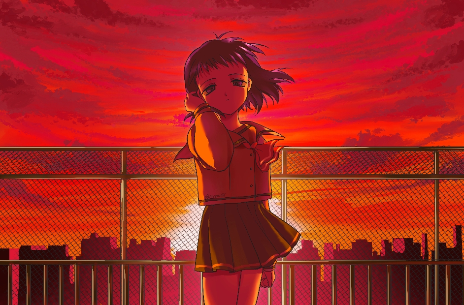 1990s_(style), 1girl, arm_at_side, ascot, blue_hair, chain-link_fence, cityscape, cowboy_shot