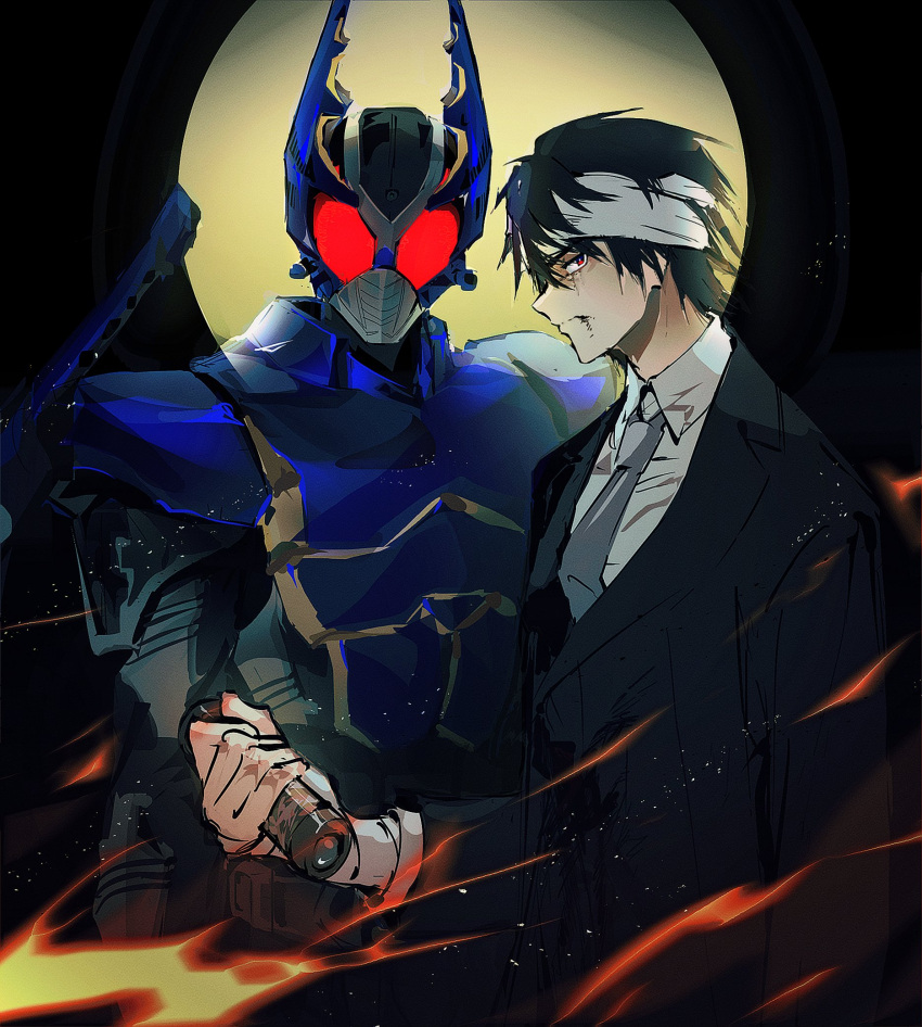 2boys, armor, black_hair, blue_armor, blue_helmet, full_moon, helmet, highres