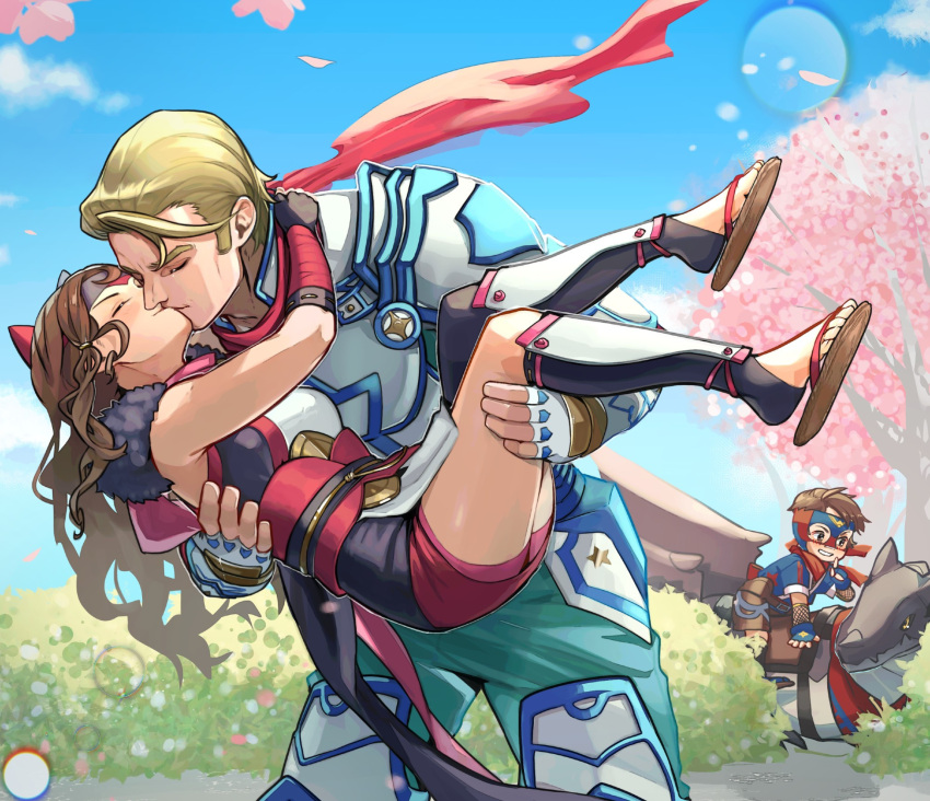 1girl, 2boys, ace_(fire_emblem), armor, arthur_(fire_emblem_fates), blonde_hair, brown_hair, carrying, carrying_person, couple, dragon, family, fire_emblem, fire_emblem_fates, hana_(fire_emblem), highres, husband_and_wife, kawasaki_ninja_250, kiss, misokatsuhaumai, multiple_boys, muscular, muscular_male, nintendo, parent_and_child, percy_(fire_emblem), princess_carry, sandals, scarf, white_armor, wyvern