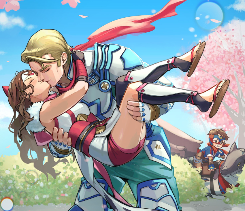 1girl, 2boys, ace_(fire_emblem), armor, arthur_(fire_emblem_fates), blonde_hair, brown_hair, carrying