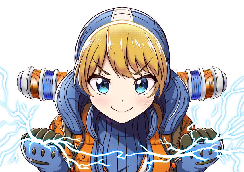 1girl, absurdres, animification, apex_legends, blonde_hair, blue_bodysuit, blue_gloves, blush
