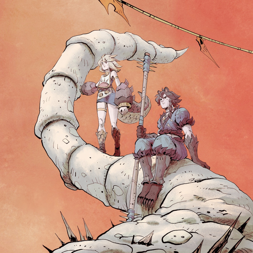 1boy, 1girl, clawed_boots, fantasy, from_below, gauntlets, gloves, highres