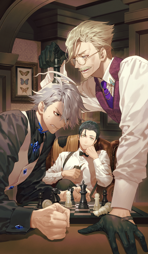 3boys, age_difference, arm_support, armchair, ascot, black_ascot, black_bow, black_bowtie