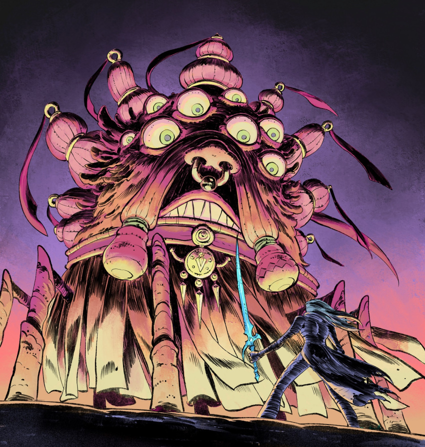 1other, battle, boss_fight, extra_eyes, extra_legs, fantasy, from_behind, highres