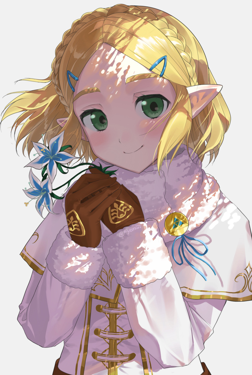 1girl, absurdres, blonde_hair, blue_flower, braid, brown_gloves, capelet, crown_braid