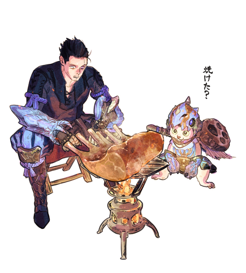 1boy, armor, black_hair, cat, cooking, facial_hair, felyne, food, full_body, furry, gin_(gokushfuudou), goatee, gokushufudou, grilling, hair_slicked_back, highres, kousuke_oono, long_sleeves, male_focus, monster_hunter_(series), monster_hunter_wilds, mustache, mustache_stubble, scar, scar_across_eye, scar_on_face, shirt, short_hair, sitting, stubble, tatsu_(gokushufudou)