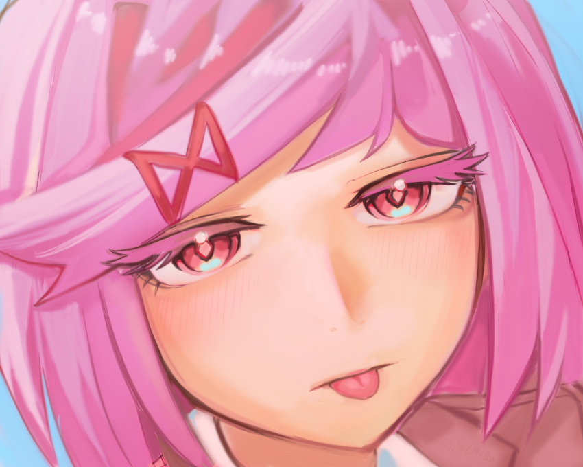 1girl, :|, absurdres, blazer, blue_background, blush, bob_cut, brown_jacket