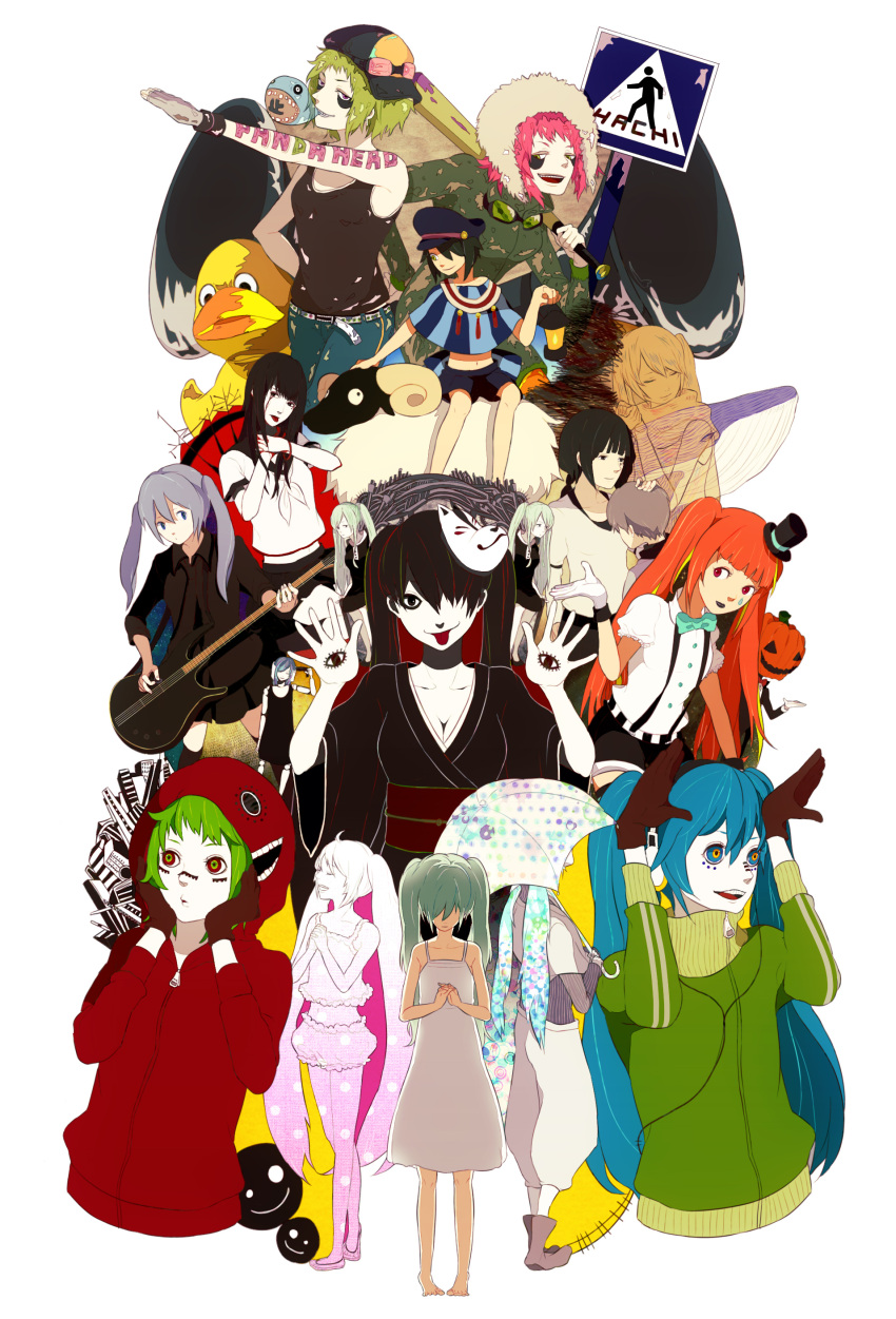 aqua_eyes, aqua_hair, baseball_bat, black_eyes, black_hair, christmas_morgue_(vocaloid), clock_lock_works_(vocaloid), dreameater_girl_on_the_sand_(vocaloid), engeki_terpsichore_(vocaloid), fox_mask, goggles, goggles_on_head, green_eyes, green_hair, gumi, hair_over_one_eye, hajime_no_koi_ga_owaru_(vocaloid), hat, hatsune_miku, headphones, highres, hoodie, japanese_clothes, koibito_no_rangge_(vocaloid), long_hair, lynne_(vocaloid), mask, matryoshka_(vocaloid), mini_top_hat, mrs.pumpkin_no_kokkei_na_yume_(vocaloid), multicolored_eyes, multiple_girls, musunde_hiraite_rasetsu_to_mukuro_(vocaloid), ohime-sama_wa_denshi-on_de_nemuru_(vocaloid), orange_hair, panda_hero_(vocaloid), persona_alice_(vocaloid), pink_hair, red_eyes, rinne_(vocaloid), romeo_and_cinderella_(vocaloid), rubber_duck, sajou_no_yumekui_shoujo_(vocaloid), short_hair, smile, song_of_the_sheep_and_wonderland_(vocaloid), songover, the_princess_sleeps_with_electronic_sounds_(vocaloid), tongue, top_hat, tsuyuxxx, twintails, umbrella, very_long_hair, vocaloid, wonderland_and_the_sheep's_song_(vocaloid), wonderland_to_hitsuji_no_uta_(vocaloid), world's_end_umbrella_(vocaloid)