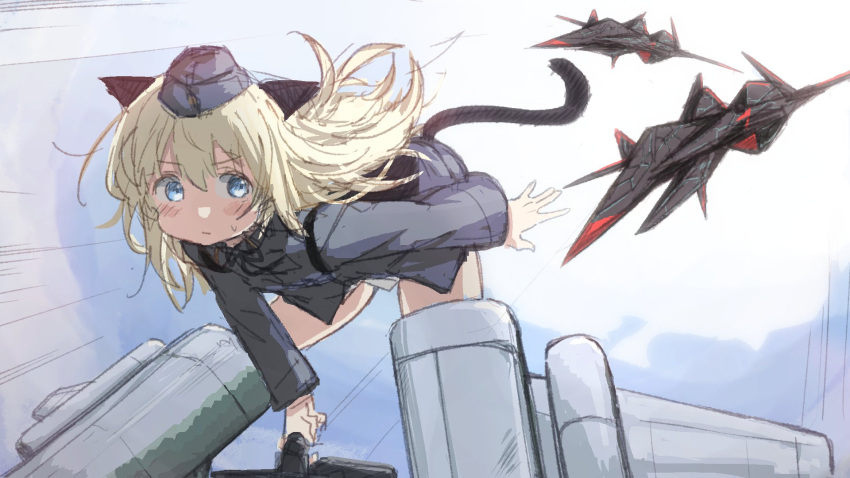 1girl, ace_combat, ace_combat_7, adf-11f_raven, aircraft, airplane, animal_ears, black_tail