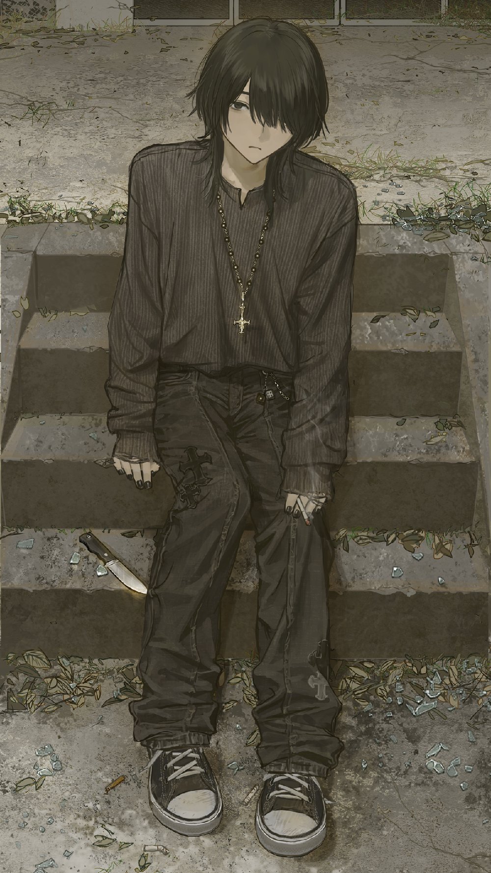 1boy, black_eyes, black_nails, black_pants, black_shoes, cigarette, closed_mouth, concrete, cross, full_body, glass_shards, grey_sweater, hair_over_one_eye, highres, hirota_tsuu, holding, holding_cigarette, inverted_cross, inverted_cross_necklace, knife, leaf, long_bangs, long_sleeves, looking_at_viewer, male_focus, medium_hair, original, pants, shoes, sleeves_past_wrists, solo, stairs, sweater, weeds