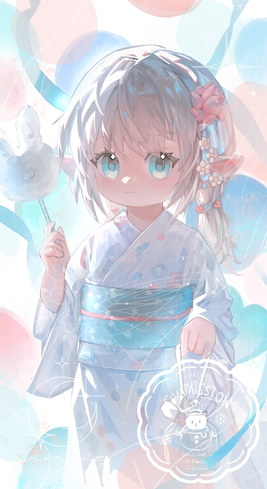 1girl, absurdres, animal, aqua_eyes, commission, cotton_candy, final_fantasy, final_fantasy_xiv, fish, flower, food, grey_hair, hair_flower, hair_ornament, highres, holding, holding_animal, holding_cotton_candy, holding_fish, holding_food, japanese_clothes, kazekokakuii, kimono, lalafell, looking_at_viewer, obi, pointy_ears, sash, smile, twintails, warrior_of_light_(ff14), white_kimono