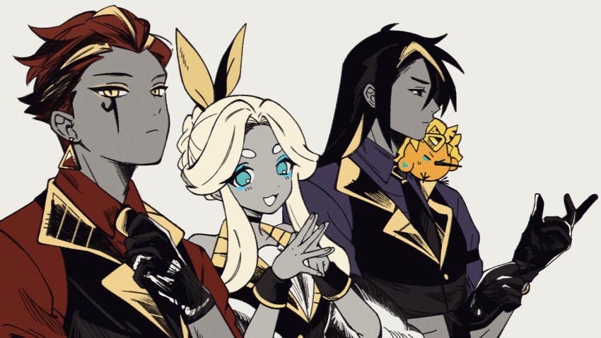 1girl, 2boys, animal_ears, black_vest, burnt_cheese_cookie, ckrn_latte, cookie_run, dark-skinned_female