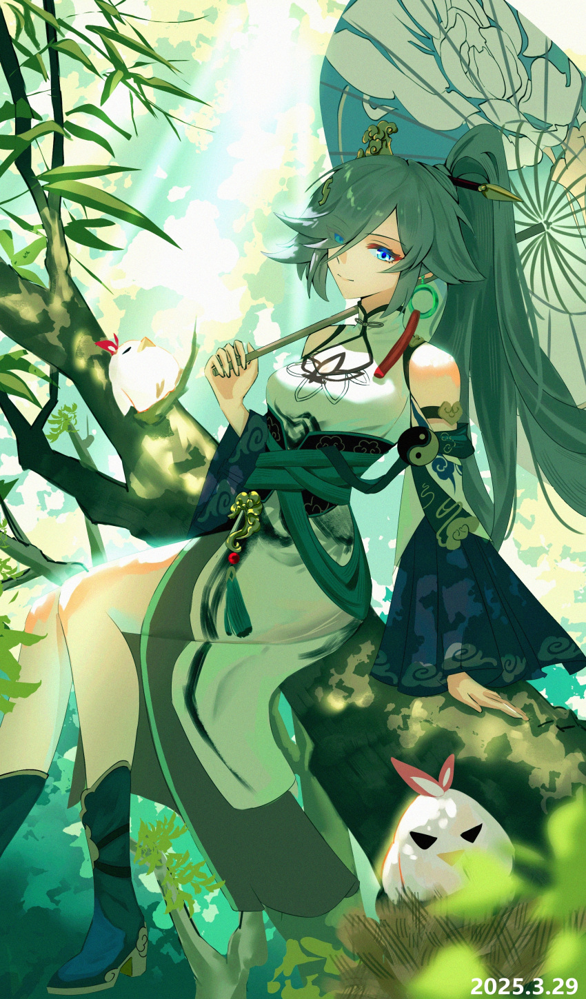 1girl, absurdres, bamboo, blue_eyes, china_dress, chinese_clothes, chinese_commentary, cleavage_cutout