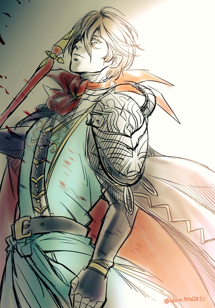 1boy, armor, bad_id, bad_twitter_id, belt, blood, bringer_of_disaster_(grimms_notes), brown_cape