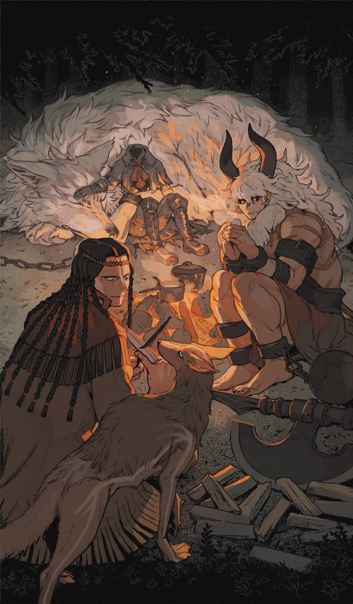 3boys, animal, animal_request, ascot, asterios_(fate), axe, ball_and_chain_restraint, barefoot