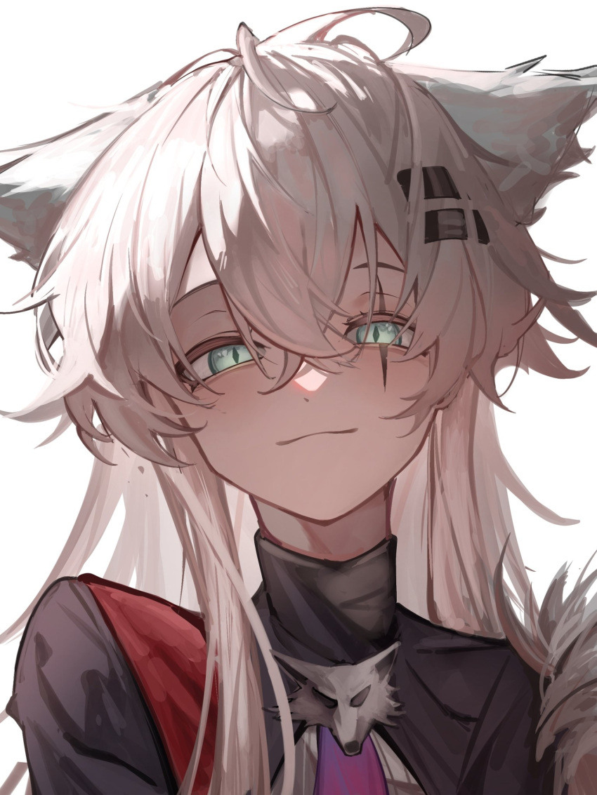 1girl, ahoge, aimu_(yazidmubarok_07), animal_ears, arknights, ascot, black_jacket, blush