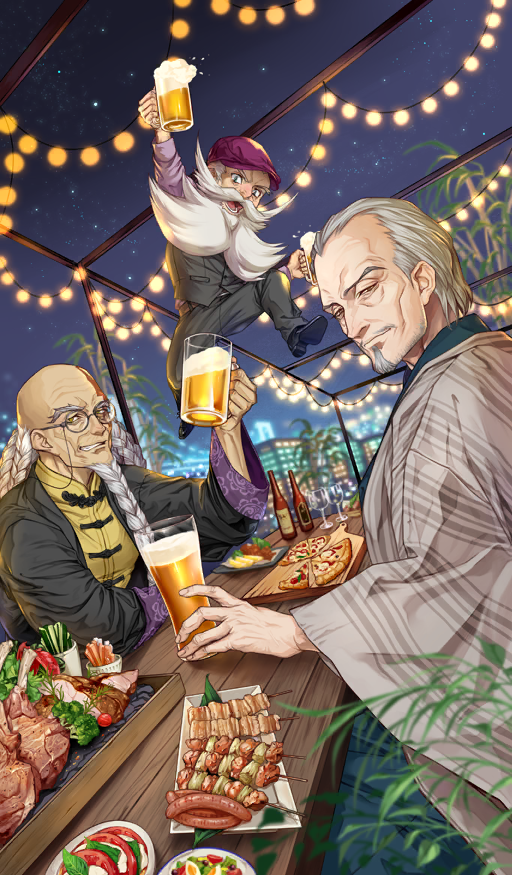 3boys, alcohol, arm_above_head, bald, beard, beer, beer_mug, black_jacket