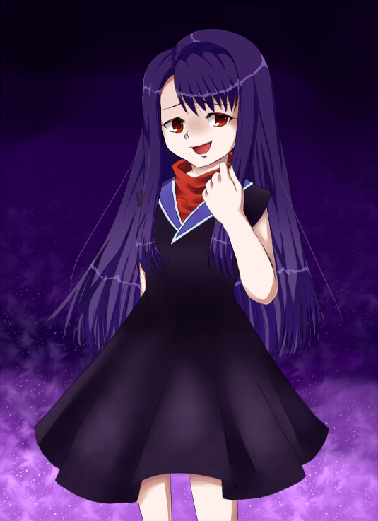 beatrice_(wild_arms), beatrice_(wild_arms_3), darkness, dress, hazime-karbo, long_hair, open_mouth, payot, purple_hair, red_eyes, simple_background, smile, solo, wild_arms, wild_arms_3
