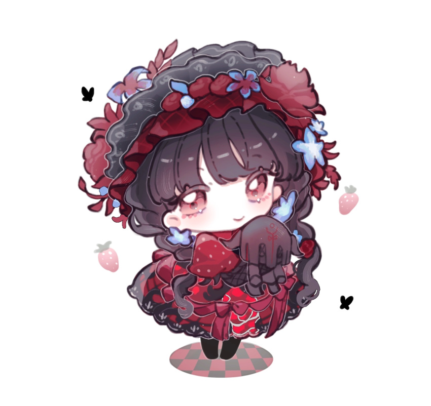 1girl, aa_huaju_pifa_ma_zong, black_hair, black_hairband, blue_flower, dress, flower, food, frilled_hairband, frills, fruit, full_body, hair_flower, hair_ornament, hairband, highres, holding, holding_stuffed_toy, identity_v, juliet_sleeves, lolita_fashion, long_sleeves, memory_(identity_v), official_alternate_costume, puffy_sleeves, red_dress, red_eyes, smile, solo, standing, strawberry, stuffed_toy, white_background