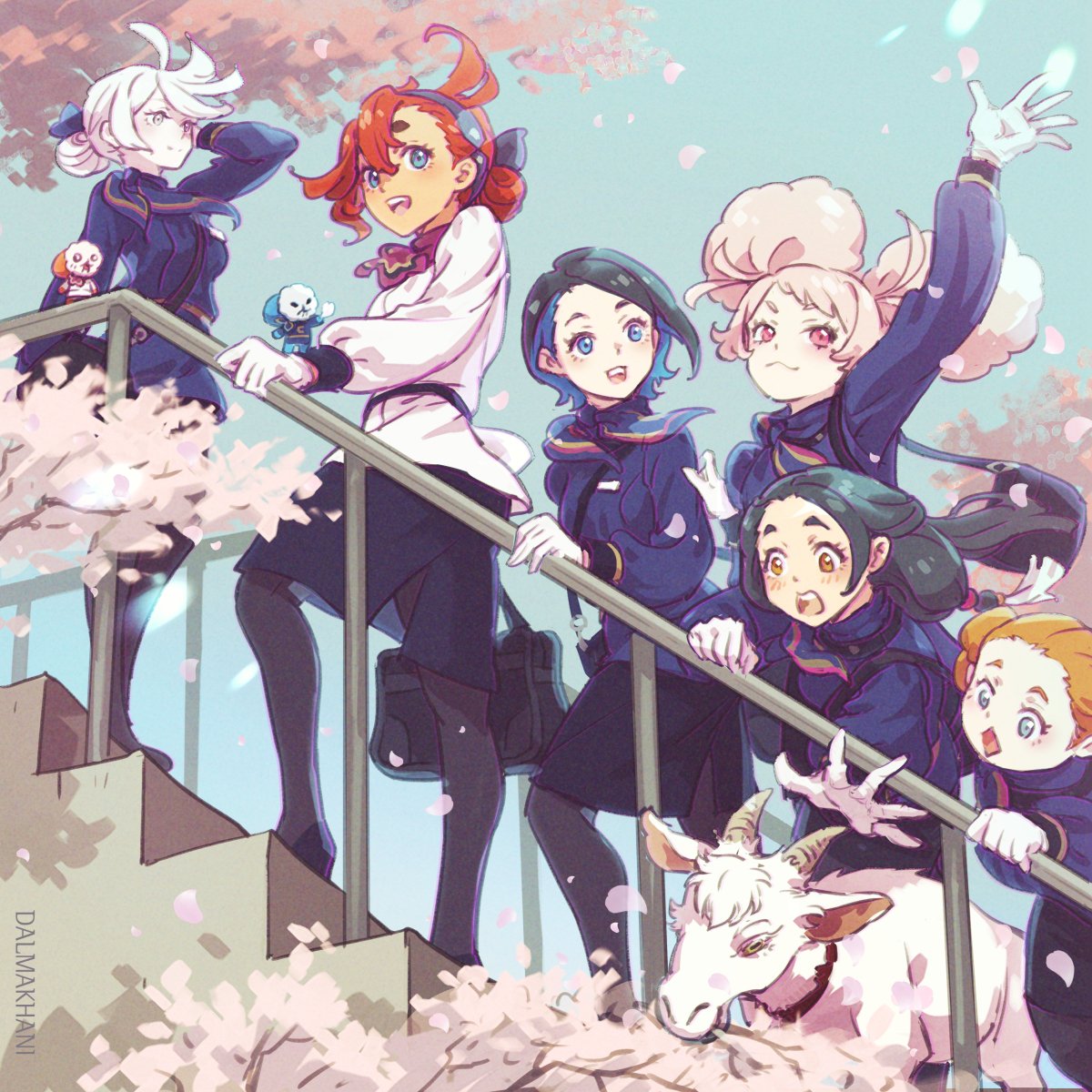 6+girls, afro_puffs, ahoge, aliya_mahvash, black_hair, blue_eyes, blue_hair, blush