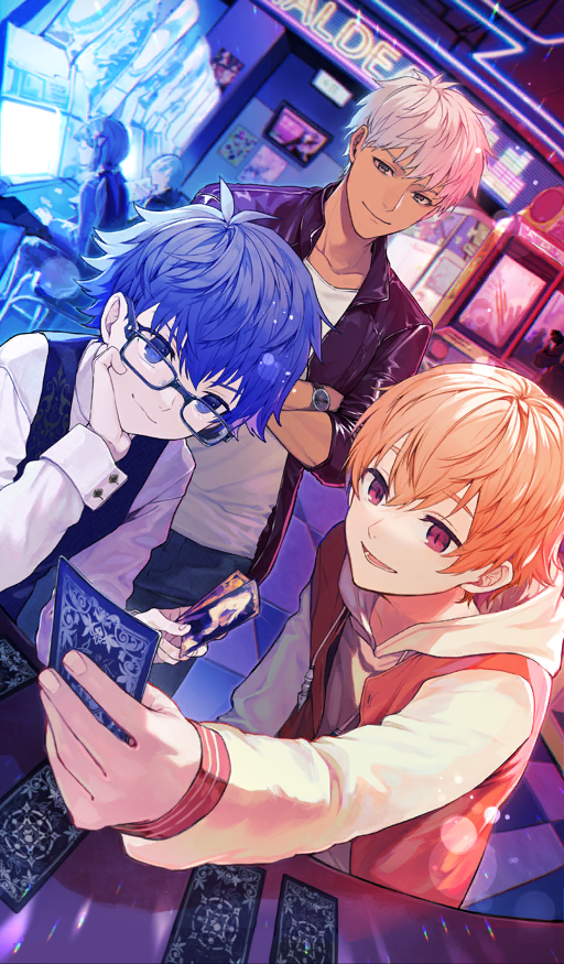 3boys, age_difference, arcade, archer_(fate), black-framed_eyewear, black_jacket, blonde_hair, blue_eyes