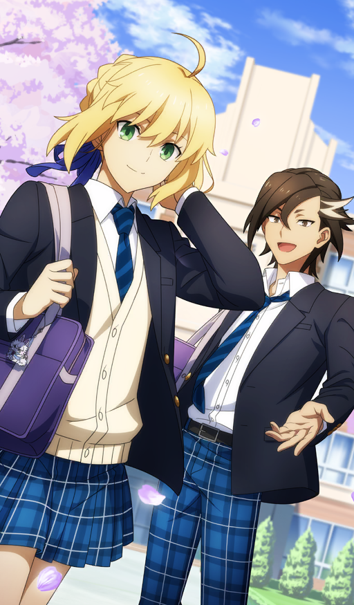 1boy, 1girl, :d, adjusting_hair, ahoge, anime_coloring, aquastar_inc., architecture