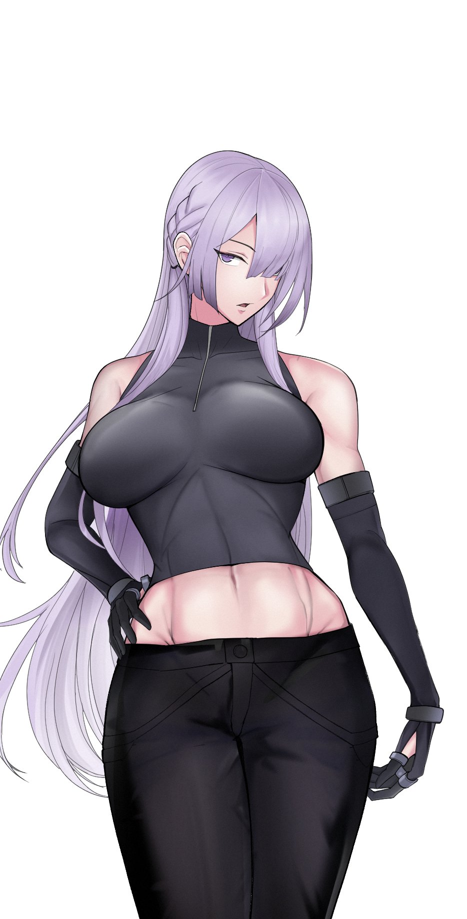 1girl, ak-15_(girls'_frontline), bare_shoulders, black_pants, braid, breasts, collarbone, elbow_gloves