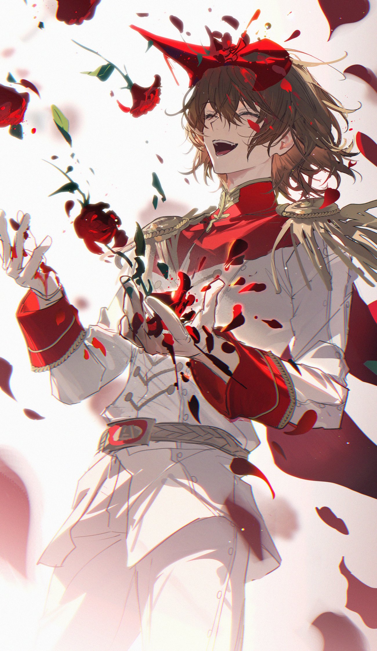 1boy, :d, ^_^, akechi_gorou, belt, brown_hair, closed_eyes, cowboy_shot, crow_(persona_5), doran_(doran7280), epaulettes, flower, highres, jacket, lapels, male_focus, mask, mask_on_head, military_jacket, pants, persona, persona_5, petals, red_flower, red_mask, red_rose, rose, rose_petals, short_hair, smile, solo, white_background, white_jacket, white_pants