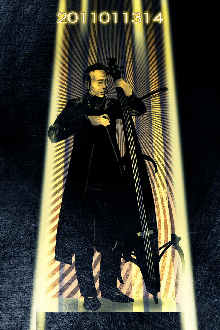 black_hair, bow_(instrument), cello, coat, copyright_request, electric_cello, headset, hirasawa_susumu